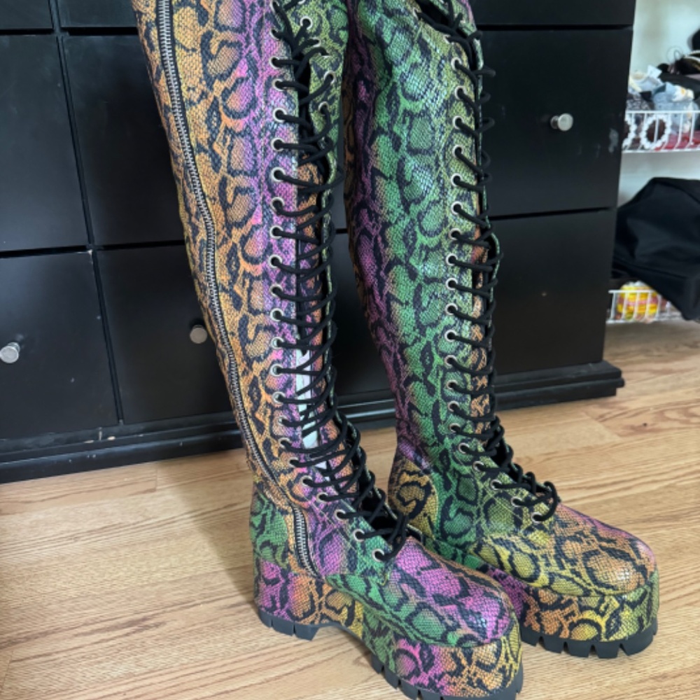 Dolls Kill Club Exx Neon Venom Snakeskin Thigh High Boots BRAND NEW